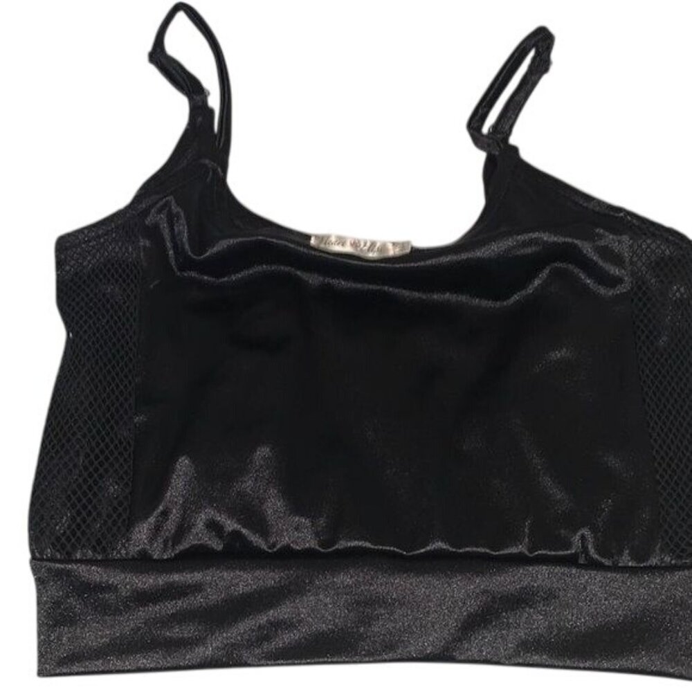 Heart & Hips Black Shiny Cropped Tank Top With Mesh Panels & Adjustable Straps -